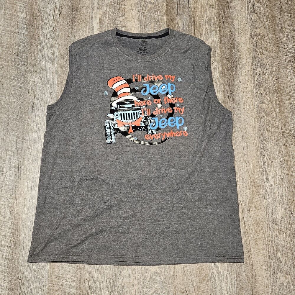 Jeep Dr Suess "I'll Drive My Jeep Everywhere" T-Shirt No Sleeves Size XL Funny